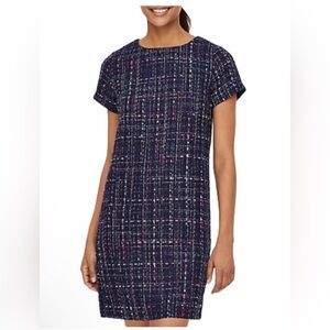 NWT LOFT Navy Tweed Shift Dress with Pink & White Flecks